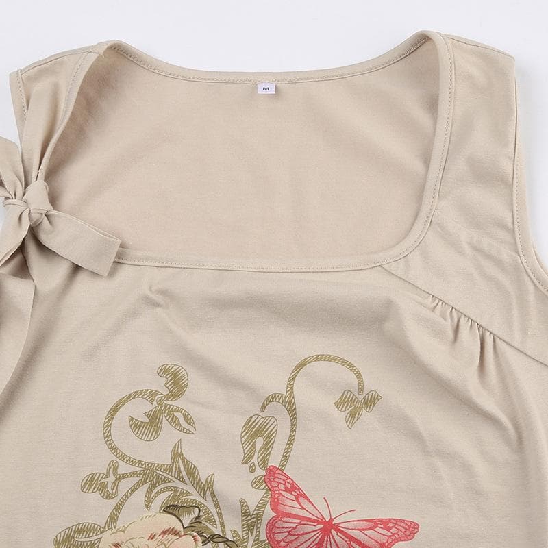 Top senza maniche con scollo quadrato e lacci a contrasto con motivo floreale 