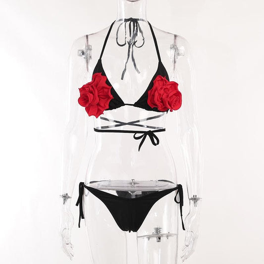Halter self tie contrast flower applique cross back pant set