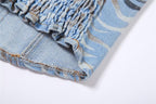 Stitch contrast smocked sweetheart neck backless denim top