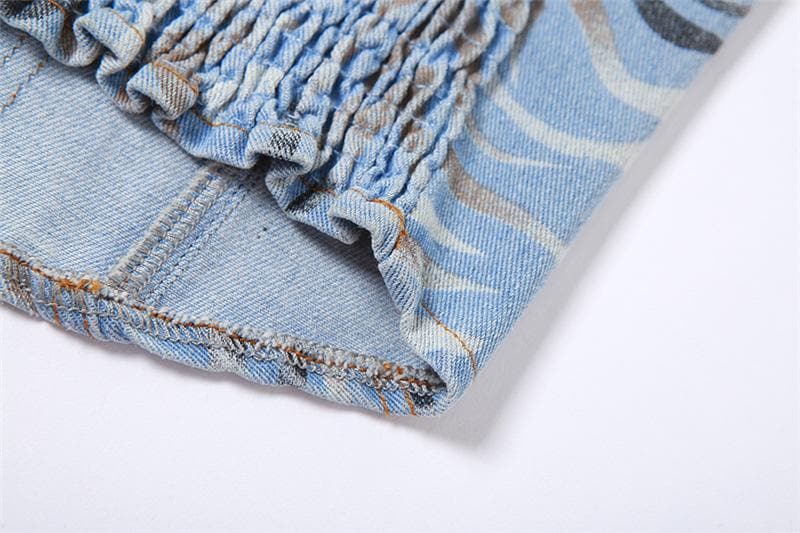 Stitch contrast smocked sweetheart neck backless denim top