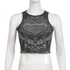 Crewneck sleeveless heart pattern contrast crop top