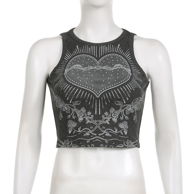 Crewneck sleeveless heart pattern contrast crop top