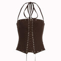 Button lace up halter backless self tie top