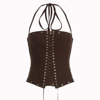 Button lace up halter backless self tie top