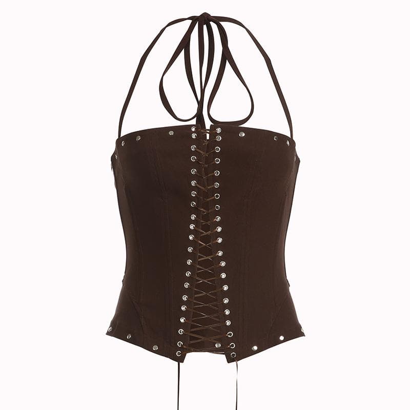 Button lace up halter backless self tie top