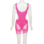 Hollow out u neck metallic sleeveless mesh self tie bodysuit mini skirt set