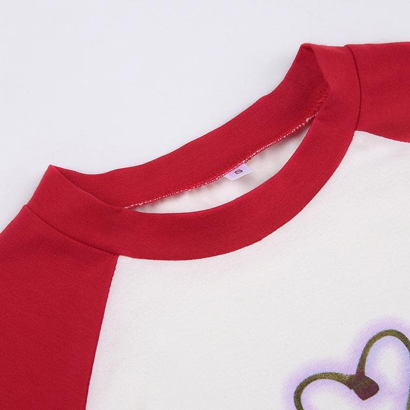 Cherry pattern patchwork contrast cap sleeve crewneck crop top