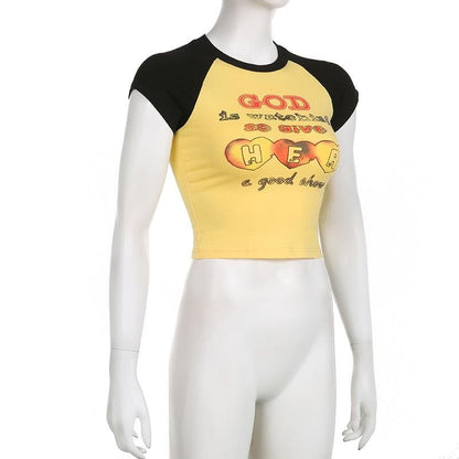 Patchwork contrast cap sleeve heart pattern crop top