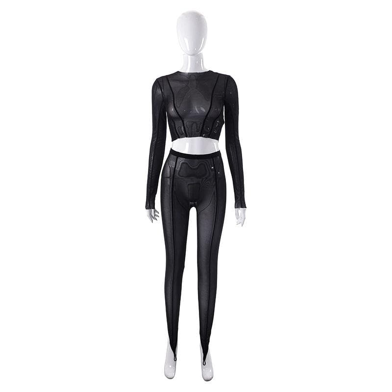 Completo pantaloni girocollo a maniche lunghe trasparenti in rete trasparente