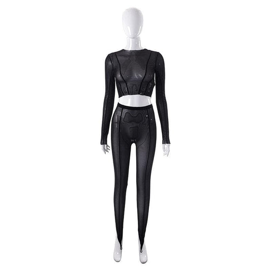 Completo pantaloni girocollo a maniche lunghe trasparenti in rete trasparente