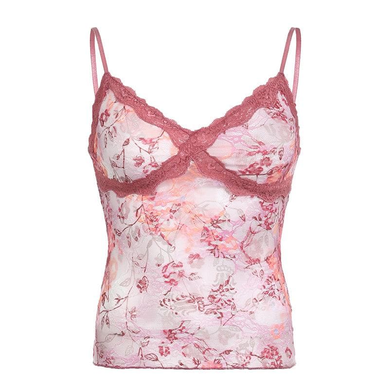 Rückenfreies Cami-Top mit Spitzen-Blumenmuster und V-Ausschnitt in Kontrastfarbe 