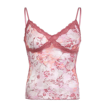Rückenfreies Cami-Top mit Spitzen-Blumenmuster und V-Ausschnitt in Kontrastfarbe 