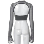 Top con corsetto, maniche svasate, scollo rotondo, schiena scoperta e lacci 