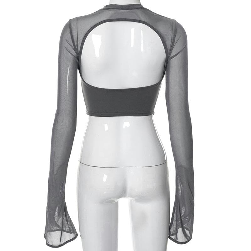 Lace up flared sleeve crewneck corset hollow out backless top
