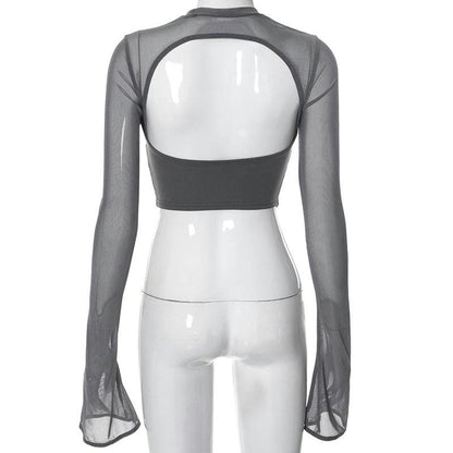 Lace up flared sleeve crewneck corset hollow out backless top