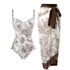Contrast print v neck backless cami one piece swimwear with beach skirt