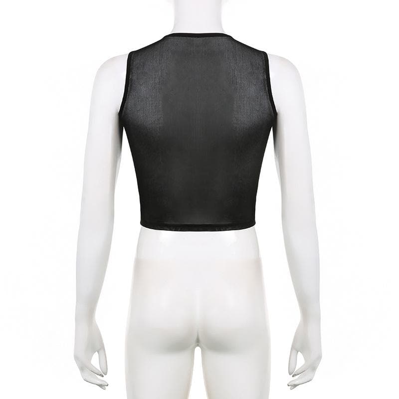 Sheer mesh see through "i am hotty" pattern contrast sleeveless crop top