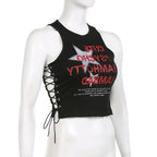 Star pattern contrast lace up sleeveless crewneck crop top