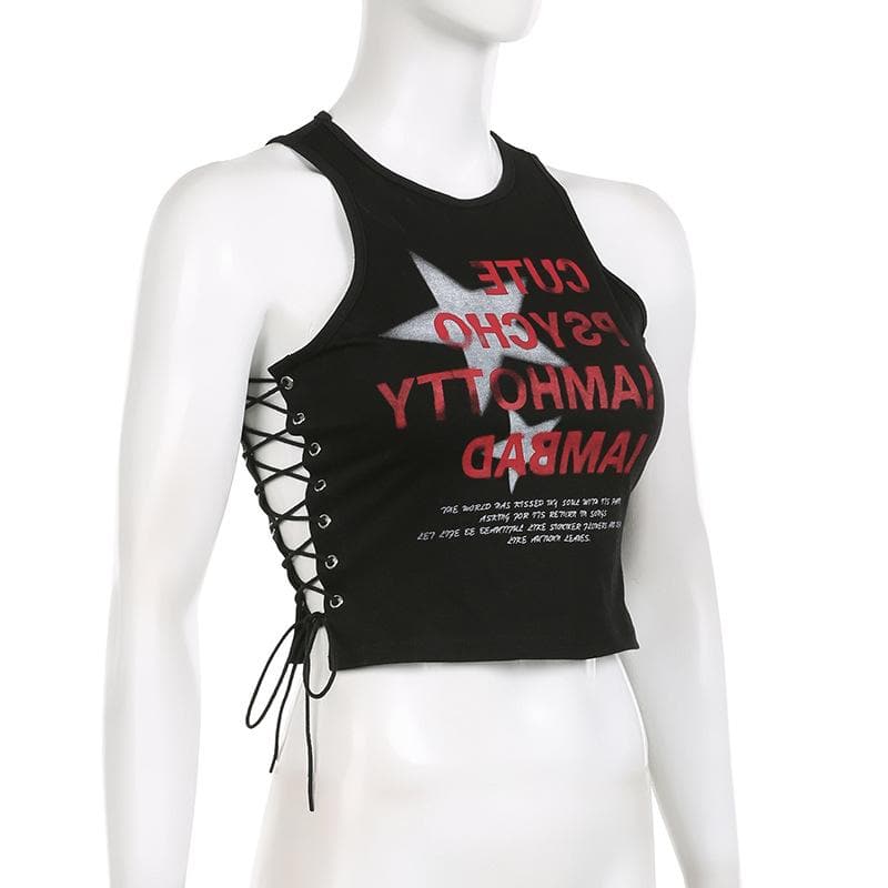 Star pattern contrast lace up sleeveless crewneck crop top