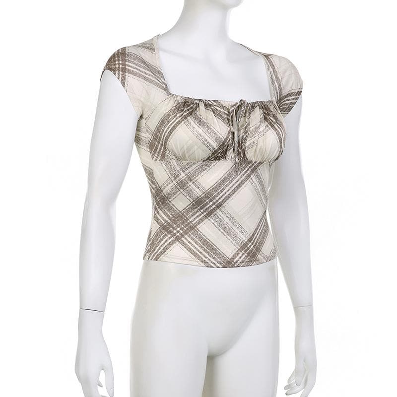 Cap sleeve contrast plaid ruched square neck crop top