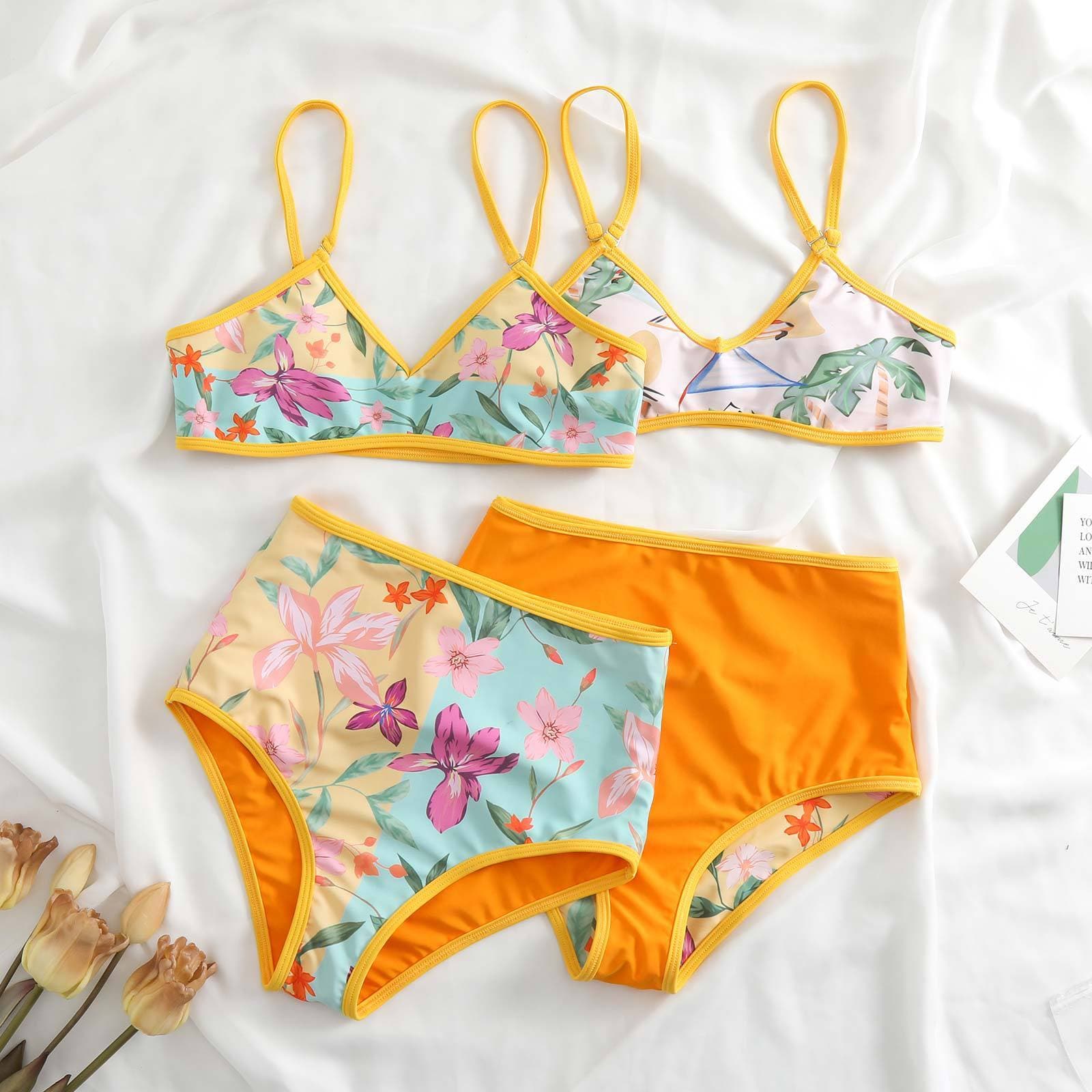Costume da bagno 3 pezzi con canotta bidirezionale e scollo a V a contrasto con stampa floreale