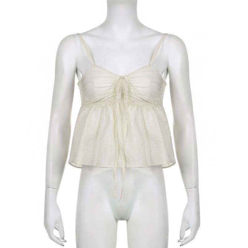 Einfarbiges, gerüschtes Camisole-Oberteil mit V-Ausschnitt und Smokarbeit zum Binden 