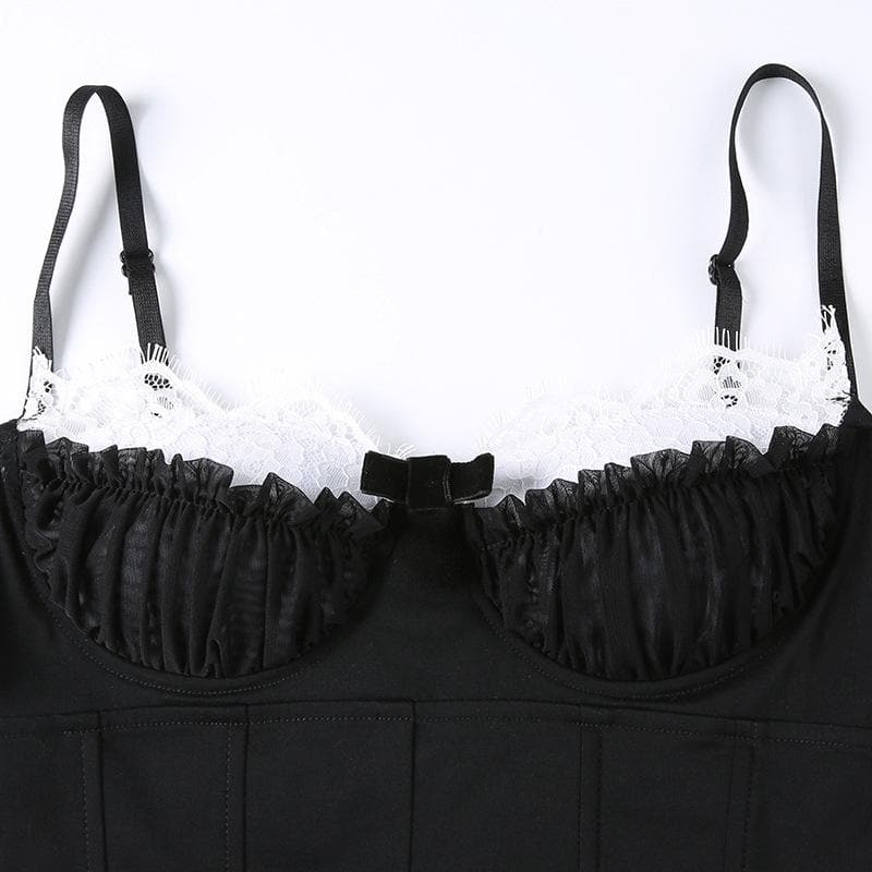Top canotta con bottoni e corsetto arricciato in patchwork a contrasto con orlo in pizzo