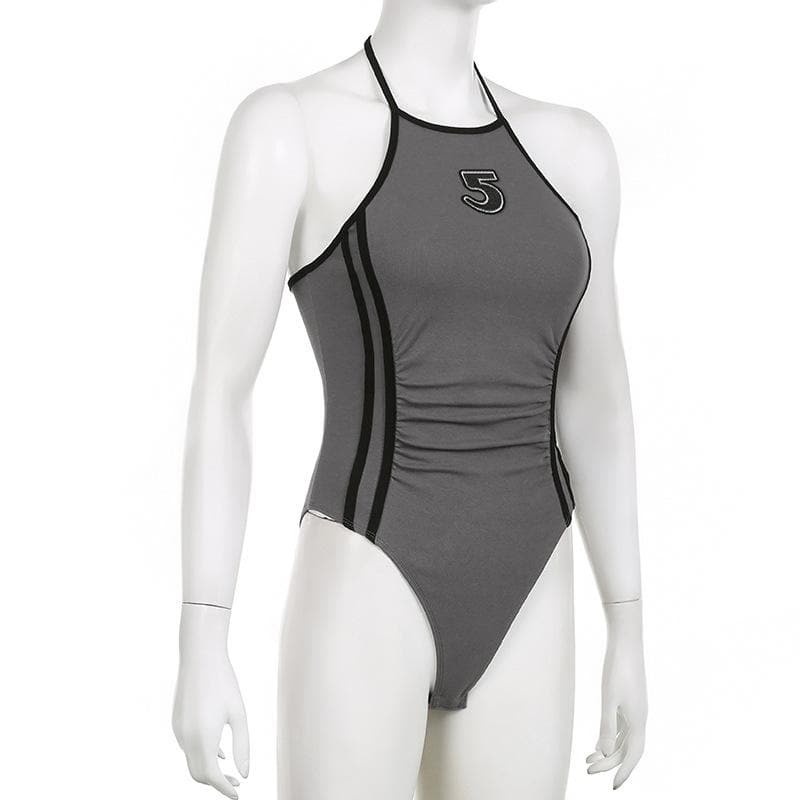 Halter self tie ruched backless "5" embroidery contrast bodysuit