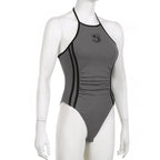 Halter self tie ruched backless "5" embroidery contrast bodysuit