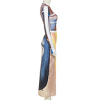 Completo gonna lunga a maniche lunghe con stampa astratta a contrasto in rete trasparente 