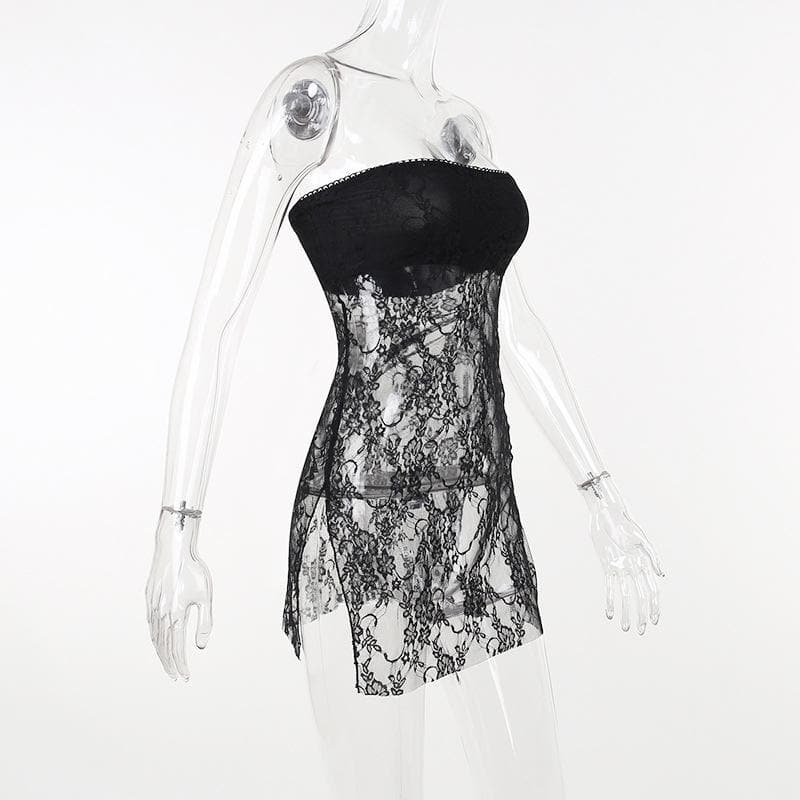 Lace see through solid slit backless tube dress