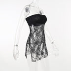 Lace see through solid slit backless tube dress