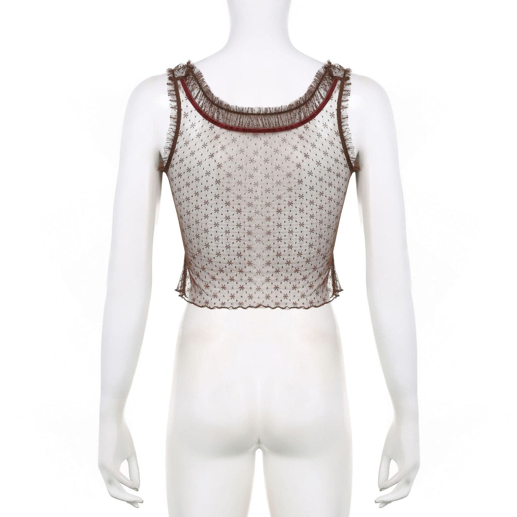 Top corto senza maniche in rete con volant patchwork 