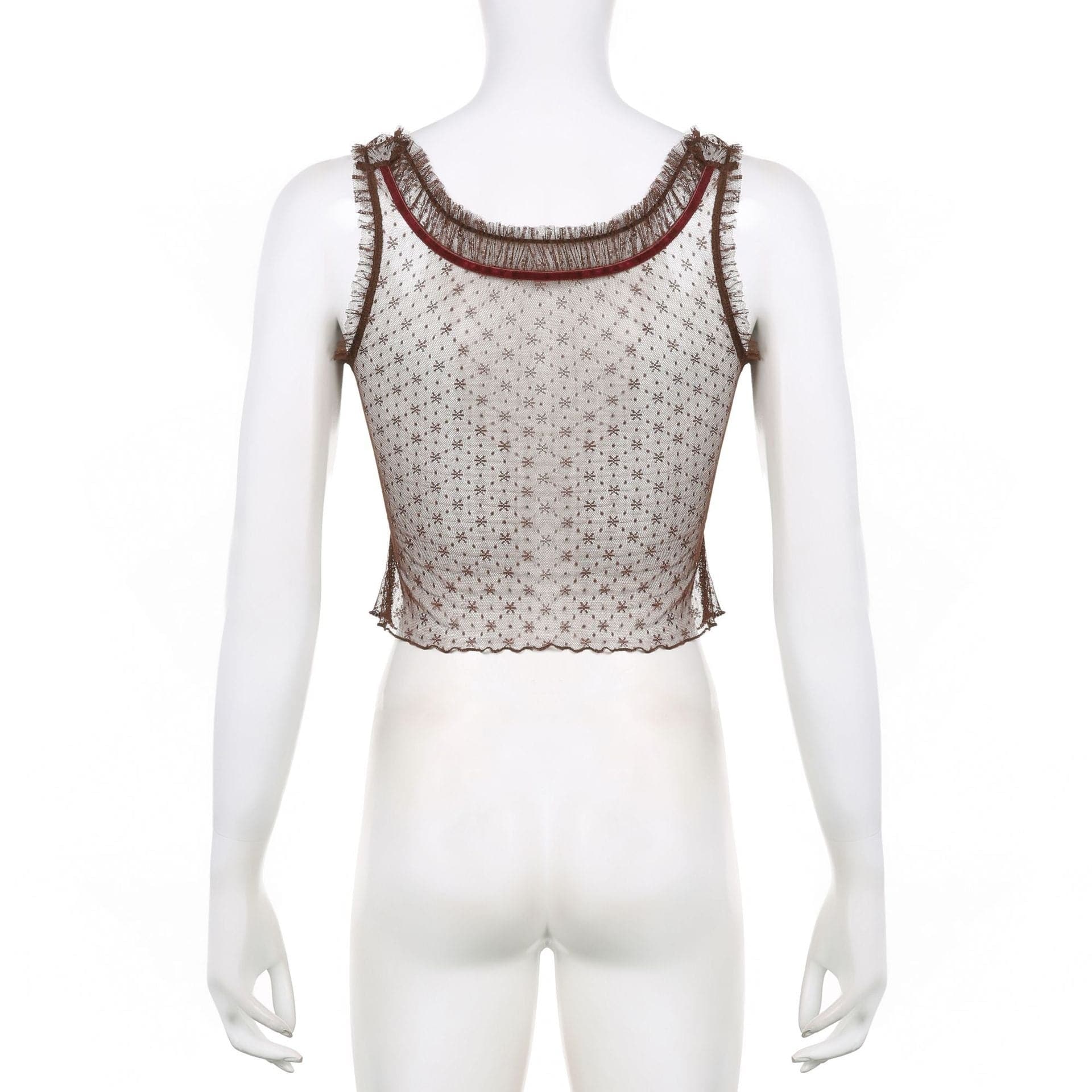 Top corto senza maniche in rete con volant patchwork 