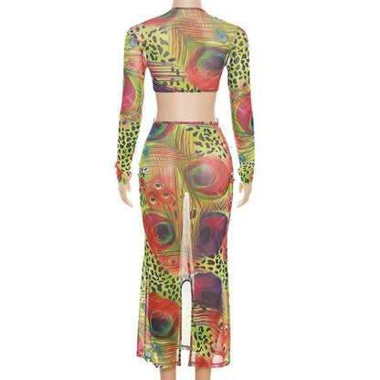 Sheer mesh see through long sleeve hollow out slit contrast print midi dress
