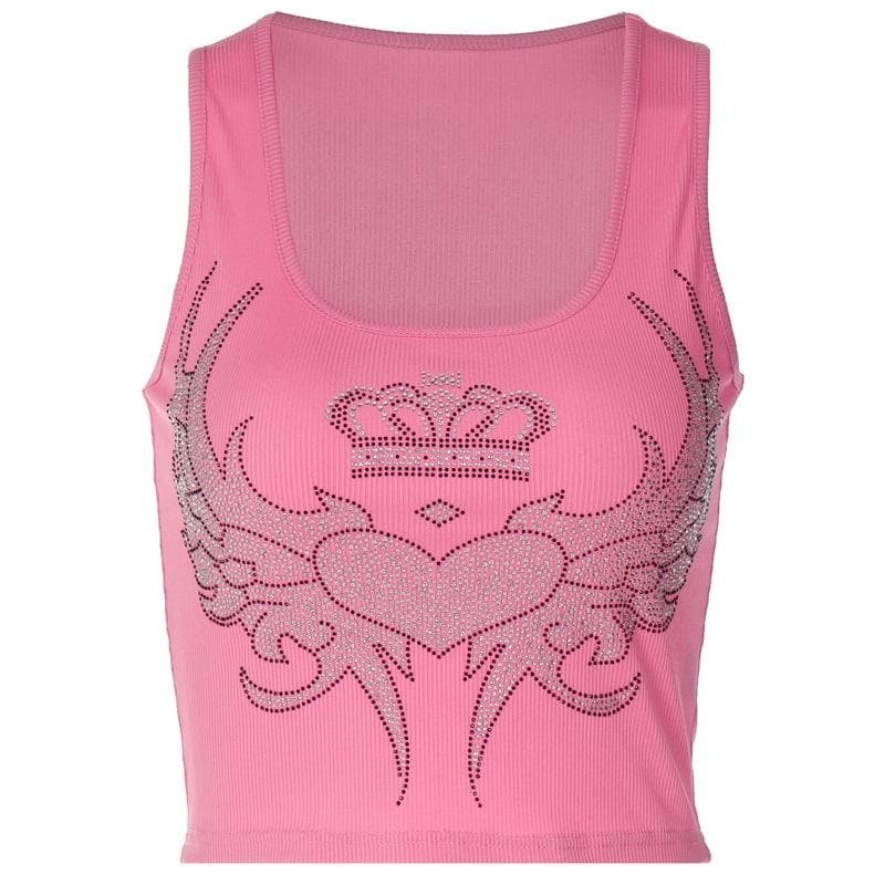 Beaded contrast abstract print u neck sleeveless ribbed crop top