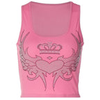 Beaded contrast abstract print u neck sleeveless ribbed crop top