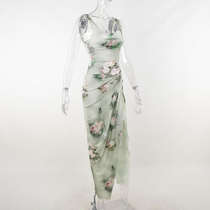 Flower print cowl neck contrast slit ruched sleeveless maxi skirt set