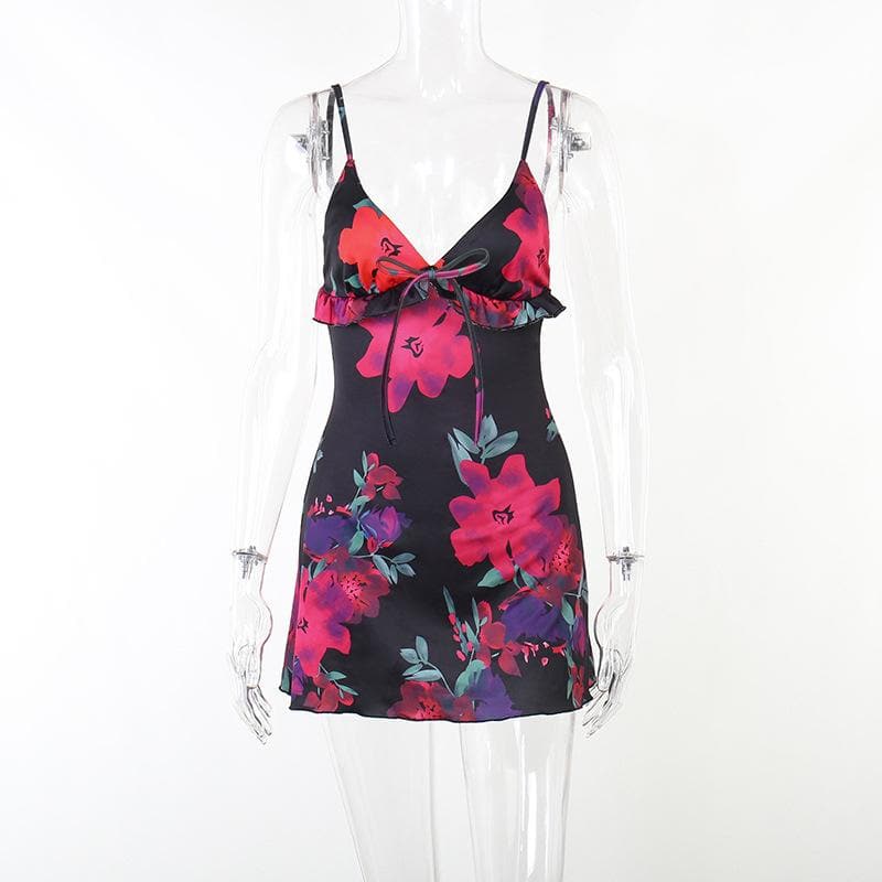 Rückenfreies Camisole-Minikleid mit Rüschen und Blumenmuster in Kontrastfarbe und V-Ausschnitt
