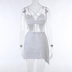 Textured solid cross back self tie backless v neck mini skirt set