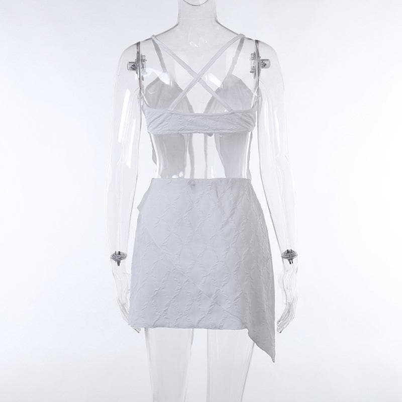 Textured solid cross back self tie backless v neck mini skirt set