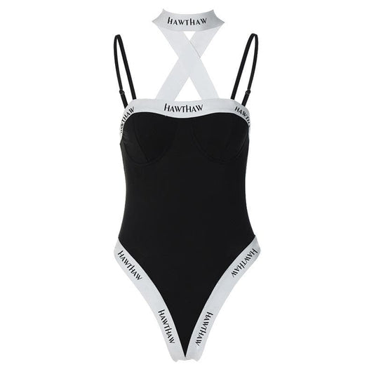 Bodysuit patchwork con schiena scoperta e contrasto incrociato 
