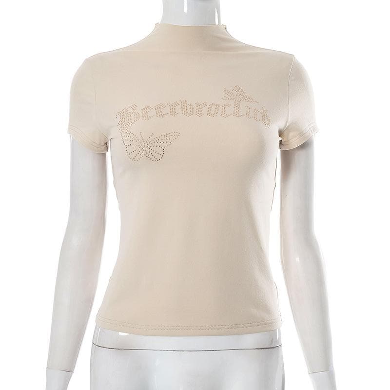 Top a maniche corte con collo alto e perline 