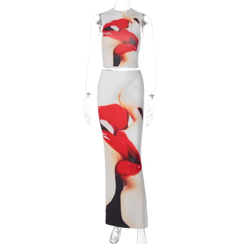 Contrast lip print sleeveless crewneck maxi skirt set