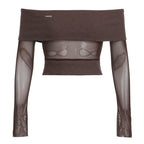 Off shoulder metal tag mesh patchwork knitted top