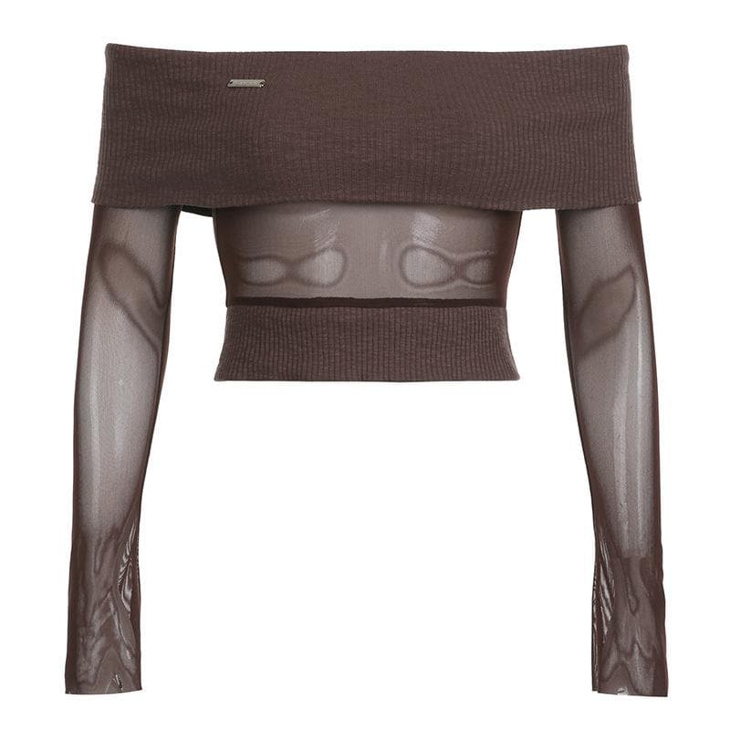 Off shoulder metal tag mesh patchwork knitted top