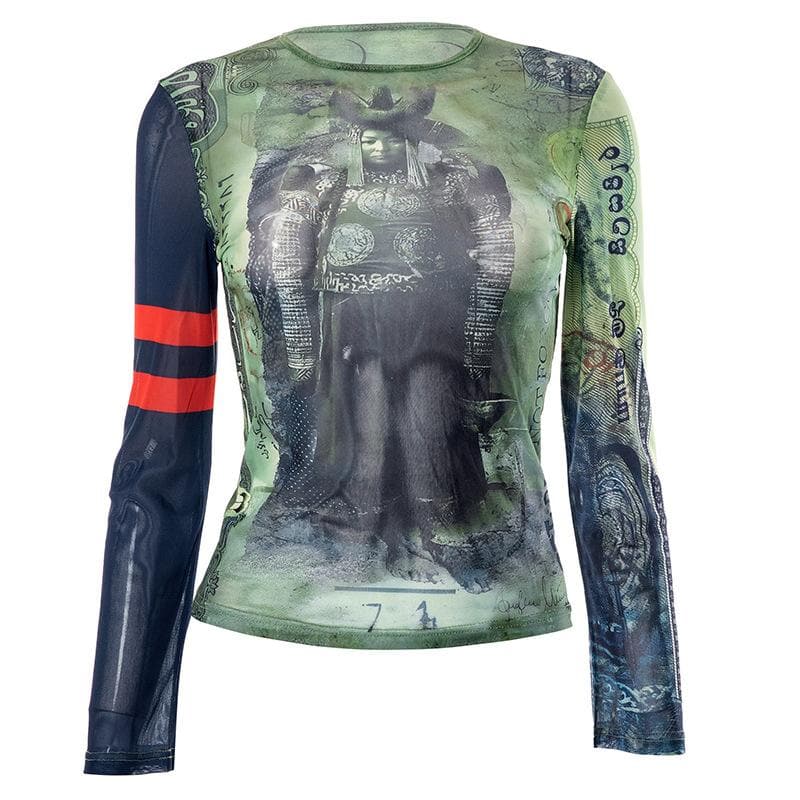 Long sleeve sheer mesh see through abstract print top