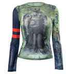 Long sleeve sheer mesh see through abstract print top