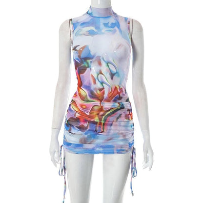 Sheer mesh see through abstract high neck sleeveless drawstring mini skirt set