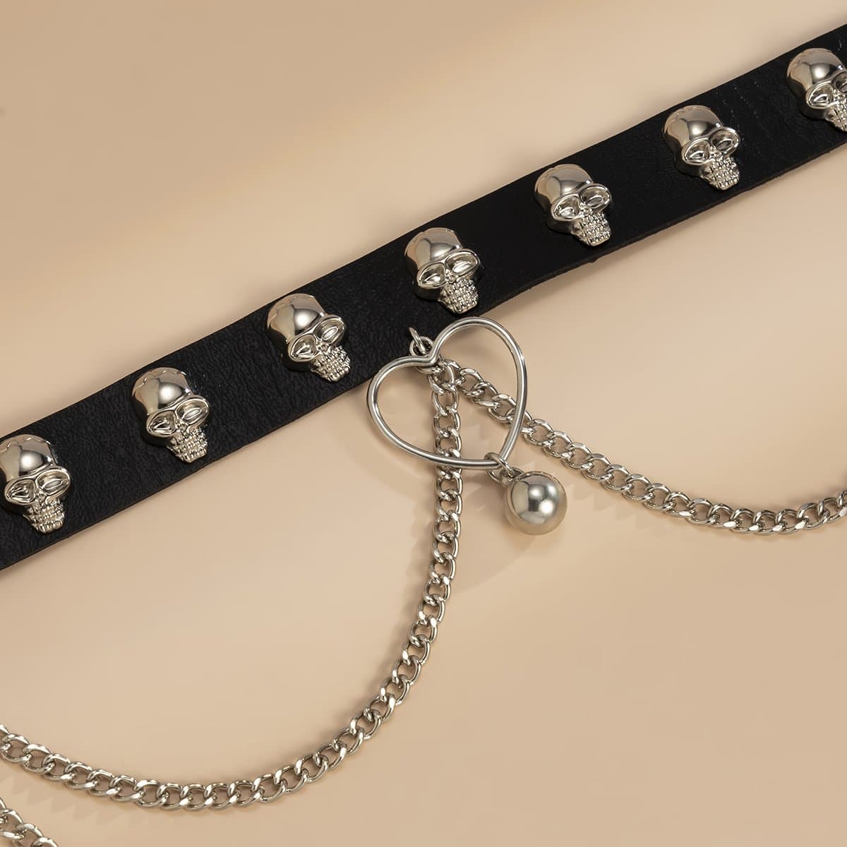 Heart Ring Chain Skull Pu Layered Choker Necklace